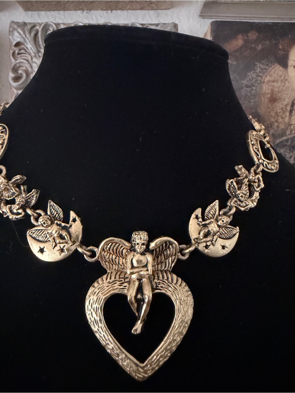 Vintage Gold Tone Cherub Heart Statement Necklace Heavy Celestial Angel Moon - Picture 4 of 4